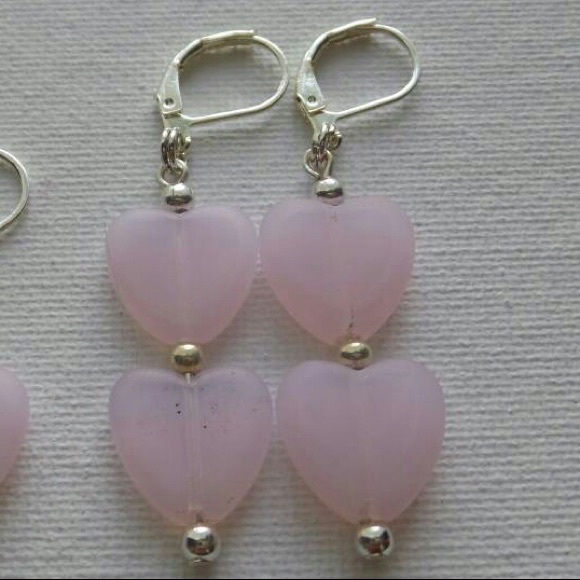 Light Pink Stone Heart Shaped Earrings - Picture 3 of 3